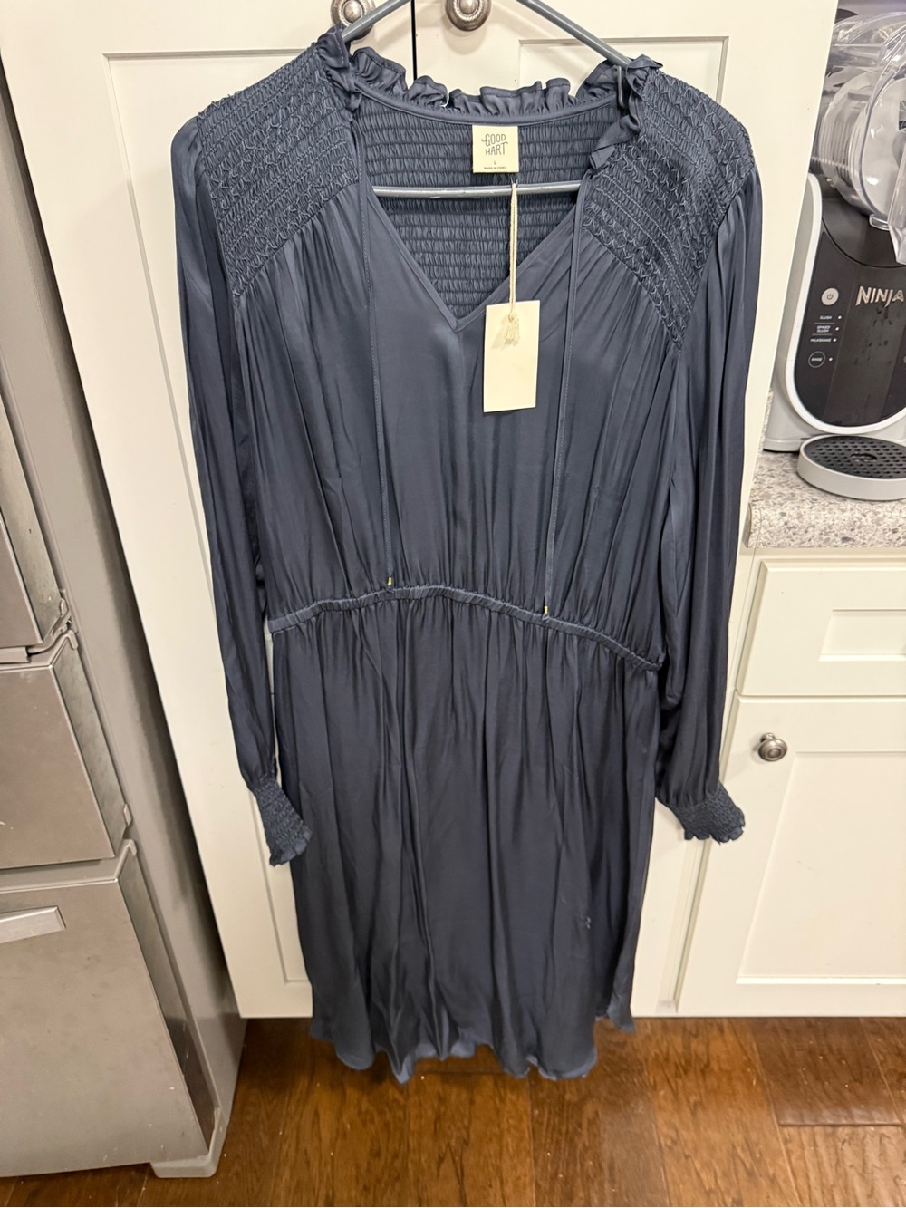 Navy Long-Sleeve V-Neck Smocked Waist Dress